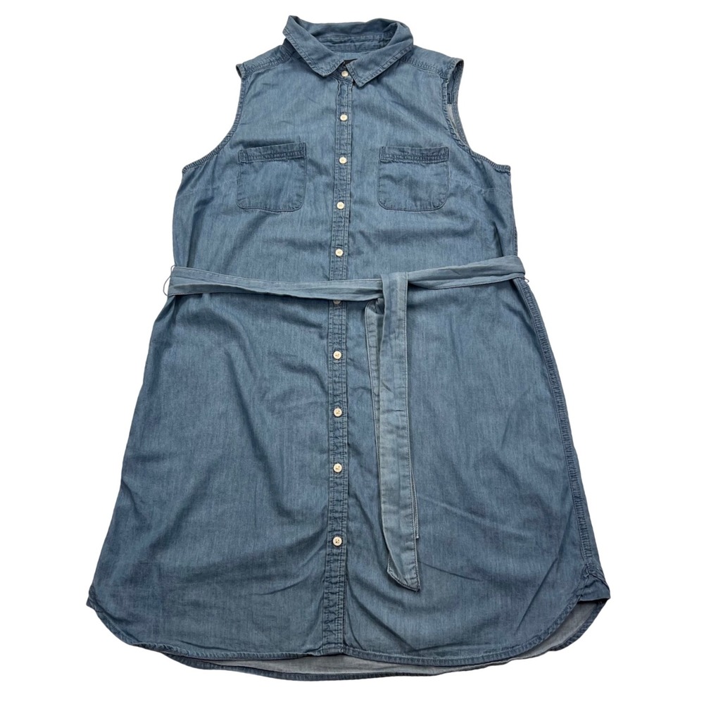 Gap Shirt Dress Womens L Blue Denim Sleeveless Button Up Belted Chambray Mini